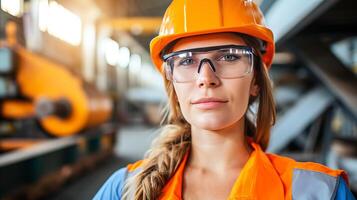 AI generated Warehouse female worker standing in spacious bright distribution center with abundant lighting photo