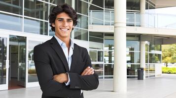 AI generated Handsome young businessman outdoors with copy space on blurred business center background photo