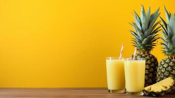 AI generated Refreshing pineapple juice in glass on wooden table with soft yellow background for text placement photo