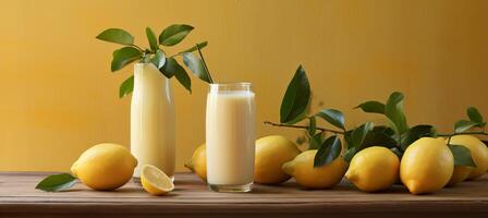 AI generated Zesty lemon juice in glass on wooden table with soft yellow background for text placement photo