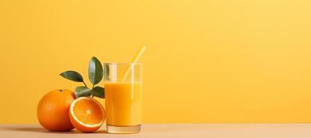 AI generated Vibrant orange juice in glass on wooden table with soft orange backgroundIdeal for text placement. photo