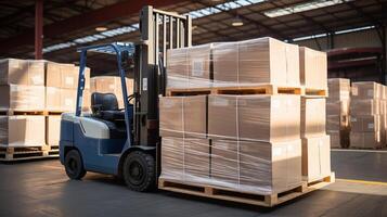 AI generated Expert forklift operator loading cardboard boxes with stacker loader in busy warehouse photo