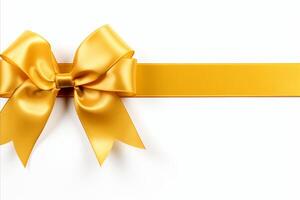 AI generated Golden ribbon bow with long straight ribbon for banner, isolated on white background with copy space photo