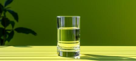 AI generated Lime juice in glass on wooden table, isolated on soft green background, ideal for text placement photo