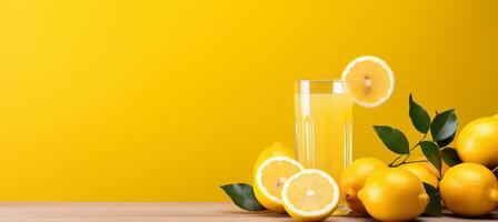 AI generated Zesty lemon juice in glass on wooden table with soft yellow background, ideal for text placement photo