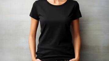 AI generated Woman wearing black t shirt mockup template for design print studio on light gray wall photo