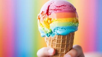 AI generated Lgbt pride  female hand holding ice cream with vibrant colors against pink background photo