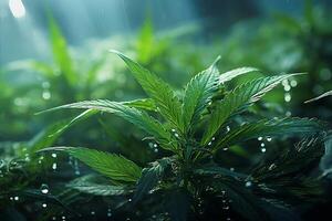 ai generado Mañana niebla ultra hd 3d marijuana hojas con Rocío gotas en grande alto definición pantalla foto