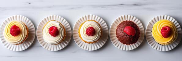 AI generated Delicious dessert products collage, divided by white lines, 7  segments, bright white light photo