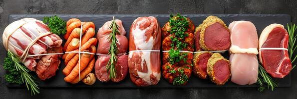 AI generated Assorted raw meat products divided with white vertical lines on bright white background photo