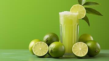 AI generated Lime juice in glass on wooden table with soft green background, perfect for text placement. photo