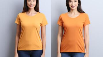 AI generated Mockup of woman in orange t shirt on light gray wall for design studio print template photo