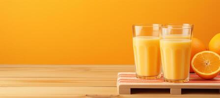 AI generated Fresh orange juice in glass on wooden table with soft orange background for text placement photo