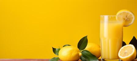 AI generated Lemon juice in glass on wooden table with yellow background, perfect for text placement photo