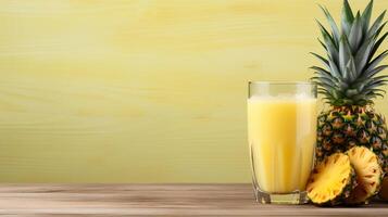 AI generated Refreshing pineapple juice in glass on wooden table with soft yellow background for text placement photo