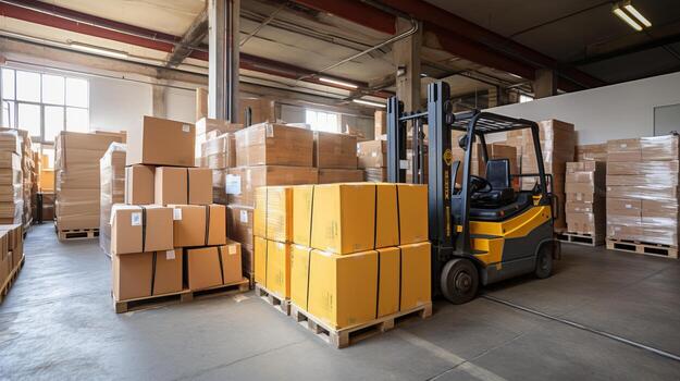 AI generated Efficient forklift stacker loader in action, loading cardboard boxes in a bustling warehouse photo