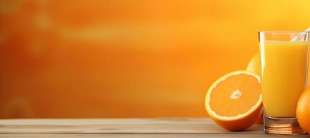 AI generated Fresh orange juice in glass on wooden table against soft orange background with text space photo