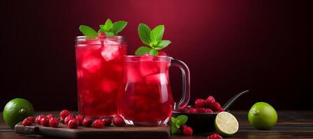 AI generated Refreshing cranberry juice in glass on wooden table with red background, perfect for text placement photo