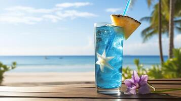 AI generated Refreshing tropical summer cocktail on sandy beach with palm trees and clear blue sea photo