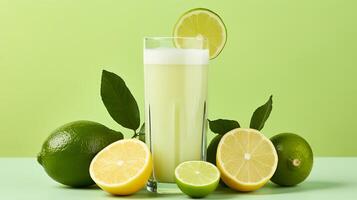 AI generated Lime juice in glass on wooden table with soft green background, perfect for text placement photo