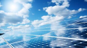 AI generated Renewable energy concept  solar panels close up against sky background, clean power generation photo