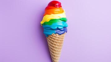 AI generated Lgbt pride concept  woman holding colorful ice cream with lgbt flag colors on pink background photo