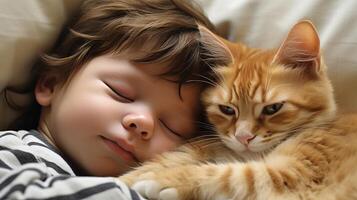 ai generado cautivador y reconfortante escena de un bebé y un gato tranquilamente disfrutando un pacífico siesta juntos foto