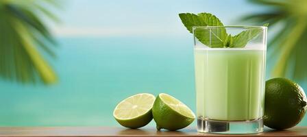 AI generated Tangy lime juice in glass on wooden table with green background, ideal for text placement photo