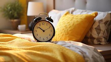 AI generated Morning bliss  happy woman stretching in bed with alarm clock in closeup shot, enjoying the sunrise photo