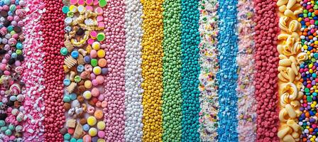 AI generated candy collage  colorful assortment of sweets divided by white vertical lines in bright white light photo