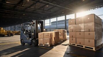 AI generated Professional forklift stacker loader operator loading cardboard boxes in a spacious warehouse photo