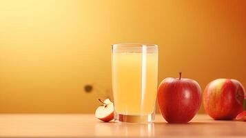 AI generated Luscious apple juice in a glass on wooden table, with soft yellow background for text placement. photo