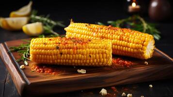 AI generated Savory and irresistible grilled corn on the cob   expertly prepared, mouth watering delight photo