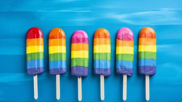 AI generated Lgbt pride concept  male hand holding colorful ice cream with lgbt flag colors on blue background photo