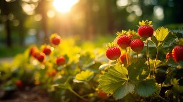 AI generated Lush strawberries in greenhouses, organic farming concept, sony a1 camera, golden hour, deep focus. photo