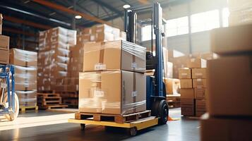 AI generated Professional forklift stacker loader efficiently loading cardboard boxes in a spacious warehouse photo