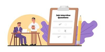 HR sitting at table with computer and asking job interview questions vector