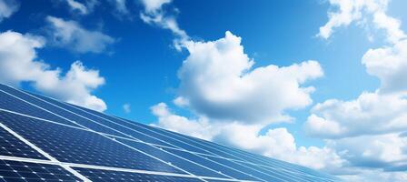 AI generated Solar panels generating clean energy against sky backdrop, promoting renewable energy and nature. photo