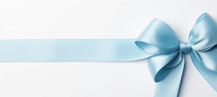 AI generated Blue ribbon bow on white background with copy space, perfect for birthday or christmas banner photo