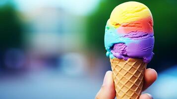 AI generated Vibrant male hand holding lgbt flag ice cream against blue background, representing pride concept photo