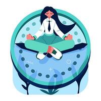 Calm female sitting on clock arrows in lotus position and resting. Effective work scheduling concept vector