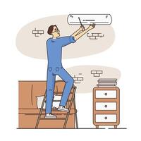 Man holding screwdriver and repairing air conditioner vector