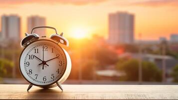 AI generated Morning bliss  happy woman stretching in bed with alarm clock and sunlight streaming through window photo