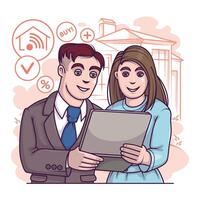 Realtor holding laptop and showing lady house. Benefits and discounts vector