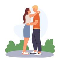 Female hugging male in park. Friends meeting concept. Happy couple spending time together vector