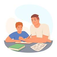 Young parent sitting near son, helping to write in notebook, do homework vector