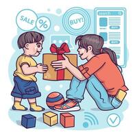 Happy mother giving gift to little boy. Online shopping for parents vector