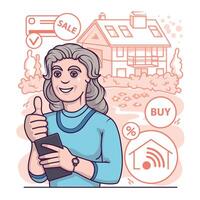 Old lady looking to buy new house. Rent and sale, ordering different property via gadget vector