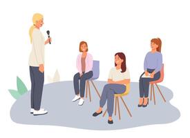 Speaker holding microphone and talking to females. Conference for different workers vector