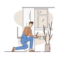 Worker with instrument standing in apartment and performing repair of outlets vector